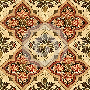 Exquisite tile-inspired motif featuring rich floral patterns in earthy tones