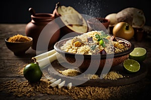 Exquisite traditional Brazilian food menu, delicious delicacy, brazilian food, cuzcuz, cous , cassava, farofa, serving