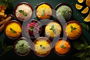 Exquisite traditional Brazilian food menu, delicious delicacy, brazilian food, cuzcuz, cous , cassava, farofa, serving