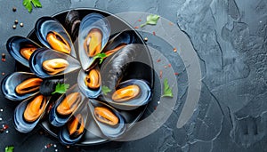 Exquisite traditional mediterranean grilled mussels elegantly presented on a black plate