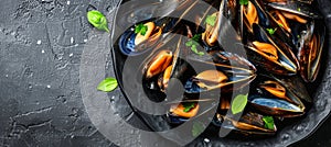 Exquisite traditional mediterranean grilled mussels elegantly presented on a sleek black plate