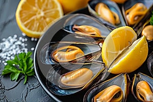 Exquisite traditional mediterranean grilled mussels elegantly presented on a stylish black plate