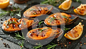 Exquisite traditional mediterranean grilled mussels elegantly presented on stylish black plate