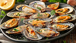 Exquisite traditional mediterranean grilled mussels served on a stylish black plate