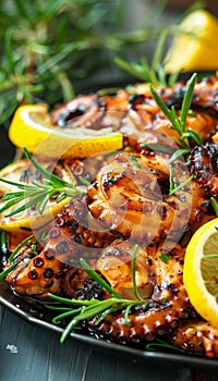 Exquisite traditional mediterranean grilled octopus dish presented on a sophisticated black plate