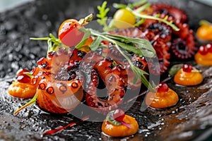 Exquisite traditional mediterranean grilled octopus on elegant black serving plate