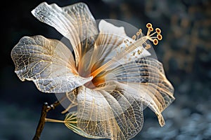 Exquisite Transparent Petal Hibiscus Flower Artistic Close up on Dark Bokeh Background for Elegant Floral Designs