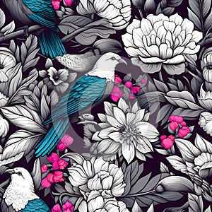 Exquisite Tropical Birds and Flowers Illustrated in Vector Pattern