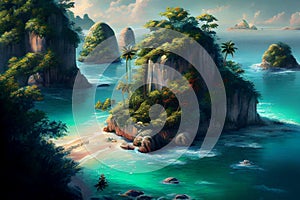 An exquisite tropical island with lush palm trees and a majestic mountain rising out of the ocean, generative ai