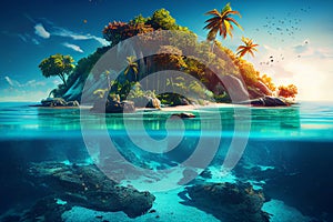 An exquisite tropical island with lush palm trees and a majestic mountain rising out of the ocean, generative ai