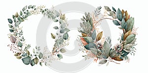 Exquisite Watercolor Floral Wreaths with Vibrant Greenery and Delicate Blooms, Ideal for Invitations, Greetings, and