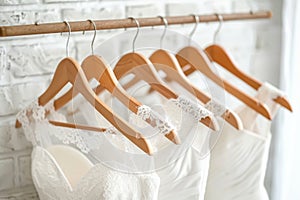 Exquisite white bridal gowns on hangers in a luxurious boutique salon, elegant wedding dresses