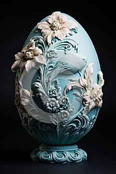 Exquisitely adorned easter egg showcased against a monochromatic pastel backdrop in a studio setting