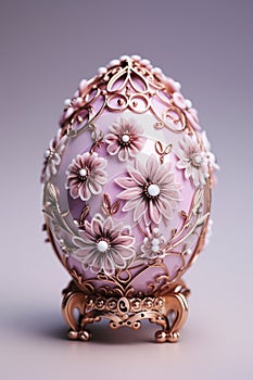 Exquisitely adorned easter egg showcased against a serene monochrome pastel color studio backdrop