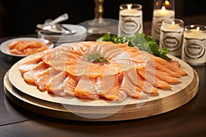 Exquisitely arranged smoked salmon slices on a charming and rustic wooden serving platter