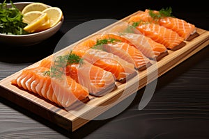 Exquisitely arranged smoked salmon slices on a rustic wooden presentation platter