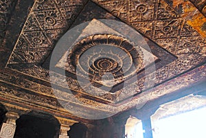 Exquisitely carved ceiling of mantapa, Ravanaphadi rock-cut temple, Aihole, Bagalkot, Karnataka