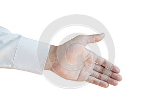 Extend hand with white lone sleeve, isolated on white background