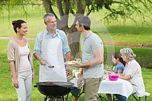 Extended family with barbecue in park
