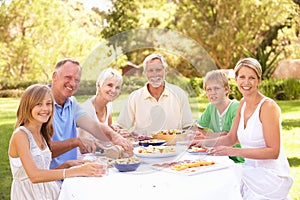 Extended Family Enjoying Meal In Garden photo