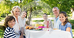 Extendido familia con almuerzo en césped 