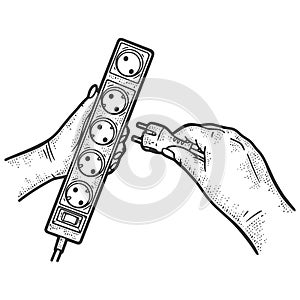 Extension cord. Hands plug the plug into the socket. Sketch scratch board imitation.