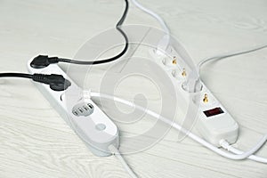 Extension cords on floor. Electrician`s equipment