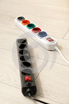 Extension cords on floor. Electrician`s equipment