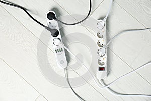 Extension cords on floor. Electrician`s professional equipment