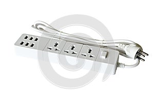 Extension power strip or trailer plug or extension cord with 6 USB charging hub ports isolated on white background