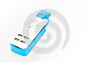 Extension Socket with USB Port on white background for charging phones and electronic devices, blue power cord