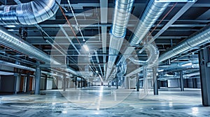 Extensive Ceiling Pipe Network in Large Room