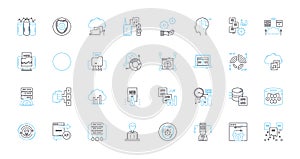 Extensive data linear icons set. Analytics, Insights, Big data, Metrics, Quantitative, Statistics, Algorithms line