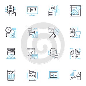 Extensive data linear icons set. Analytics, Insights, Big data, Metrics, Quantitative, Statistics, Algorithms line
