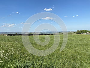 Extensive fields, with the, Aire Valley, in the far distance near, Bradford, Yorkshire, UK