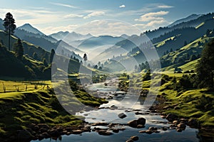 Extensive green landscape with creek, mountains and vibrant flowers under serene sky., generative IA