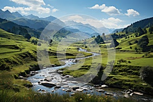 Extensive green landscape with creek, mountains and vibrant flowers under serene sky., generative IA