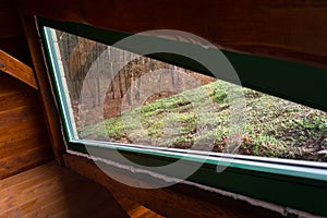 Extensive green living sod roof with vegetation seen from inside