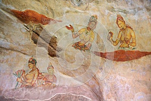 Exterior of the 5th century fresco wall paintings of Sigiriya rock fortress in Sigiriya, Sri Lanka.