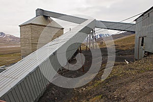 Exterior of the abandoned arctic coal mine buildings in Longyearbyen, Norway.