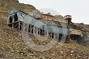 Exterior of the abandoned arctic coal mine buildings in Longyearbyen, Norway.