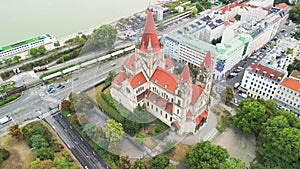 Exterior aerial view of Saint Francis of Assisi Church and Vienna cityscape, Austria