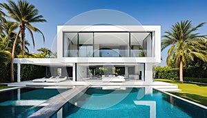 Exterior of amazing modern minimalist cubic villa with large swimming pool among palm trees