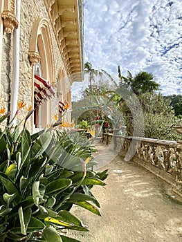 Exterior architectural details of a mansion lined with flowers and plants