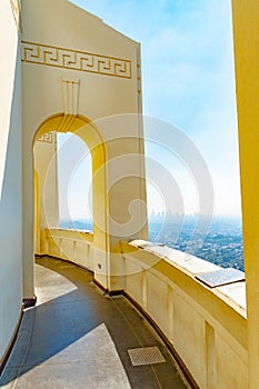 Exterior balcony corridor on Greek design building