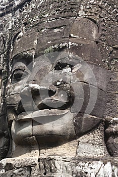 Exterior of the Bayon temple with gargantuan faces, Angkor Thom, Angkor, Cambodia