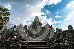 Exterior of the Bayon temple with gargantuan faces, Angkor Thom, Angkor, Cambodia