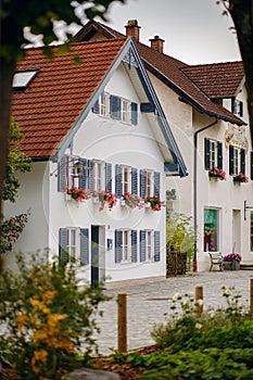 Exterior of a beautiful house, a European house decorated with flowers