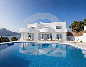 Exterior of beautiful modern house with solar panels on Luxury villa with terrace and swimming pool Created with