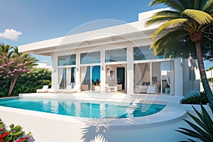 Exterior of beautiful modern house with solar panels on Luxury villa with terrace and swimming pool Created with